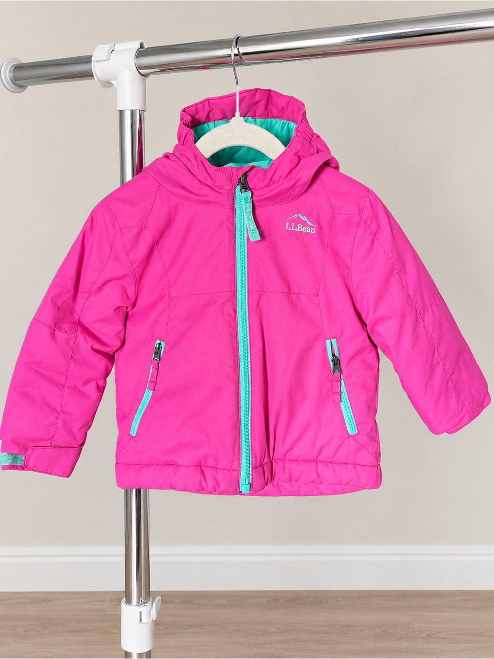 L.L. Bean Girls' Bright Pink Hooded Puffer with Teal Trim